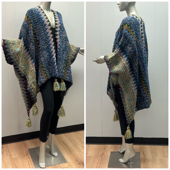 She Ready Blue Chevron Ruana Poncho - Picture 1 of 7